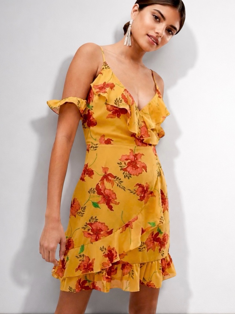 Missguided Butter Yellow Floral Ruffle Wrap Dress Size 10